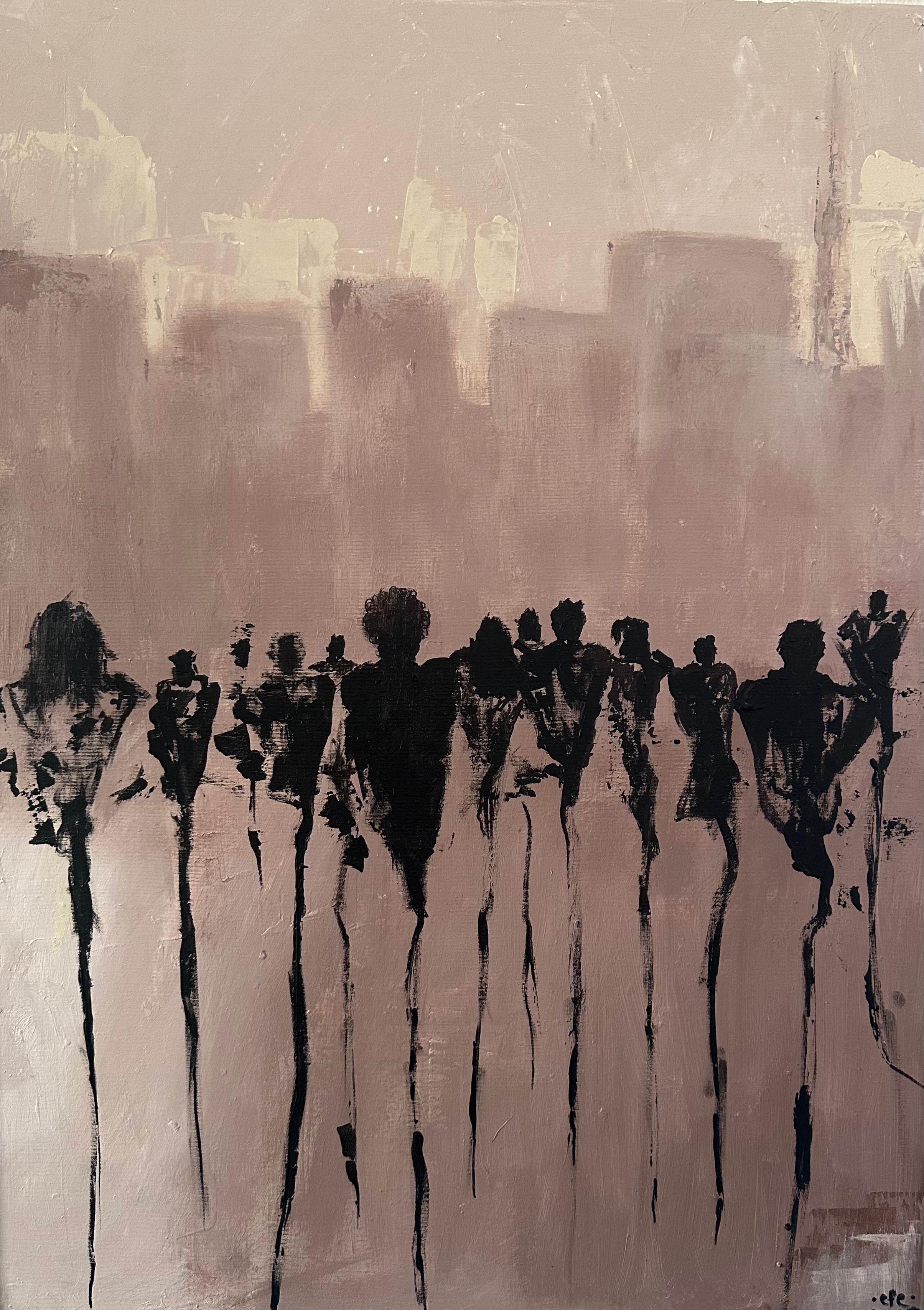 A figurative composition of multiple stylized people arranged side by side, separated by dark vertical forms and subtle gaps, with a distant architectural element rising in the background.
