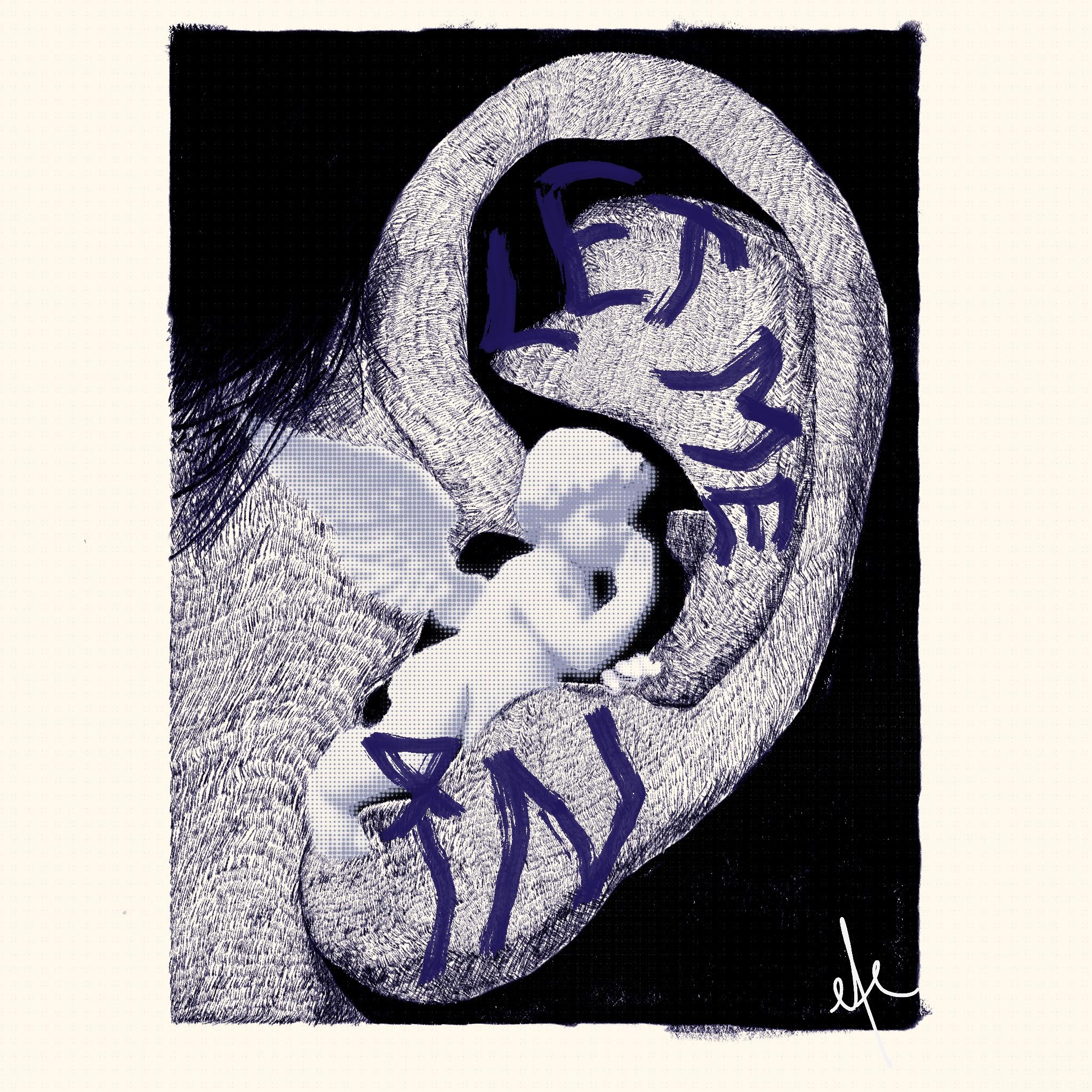 An ear-shaped composition containing a small winged cherub-like figure and the phrase “let me in.”