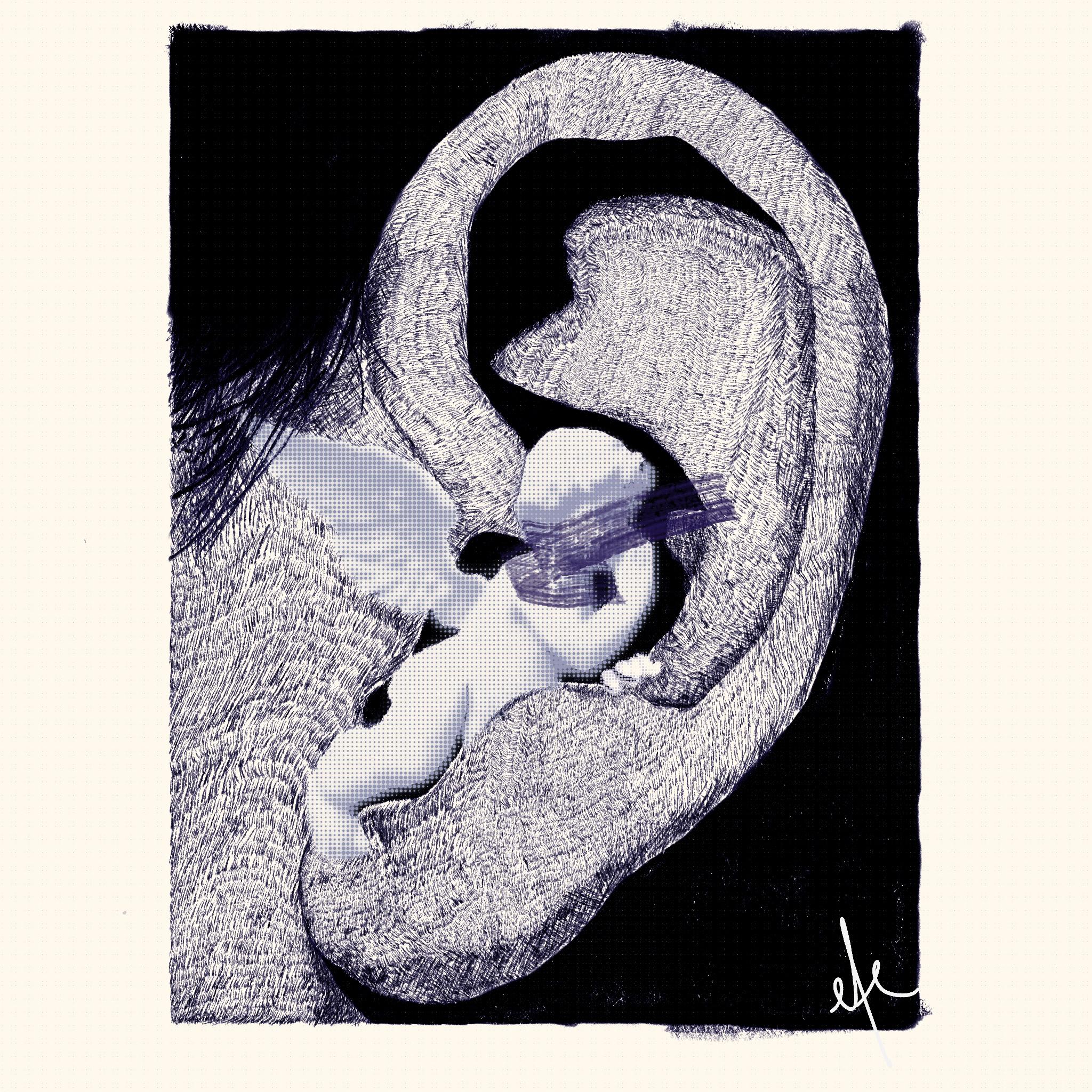 An ear-shaped composition in which the small winged inner figure is darkened and the earlier invitation is removed.