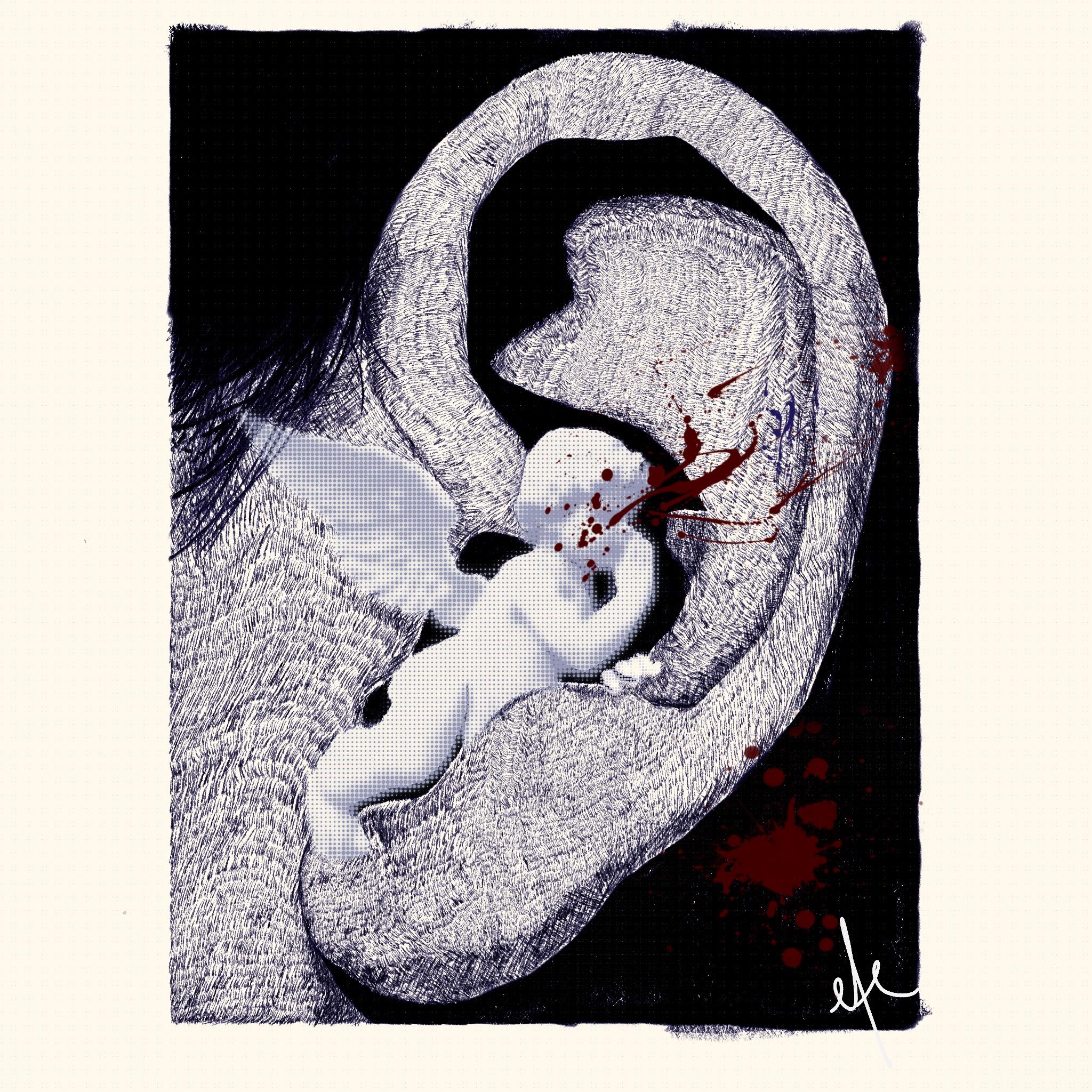 An ear-shaped composition in which a red splatter strikes the small winged figure inside.