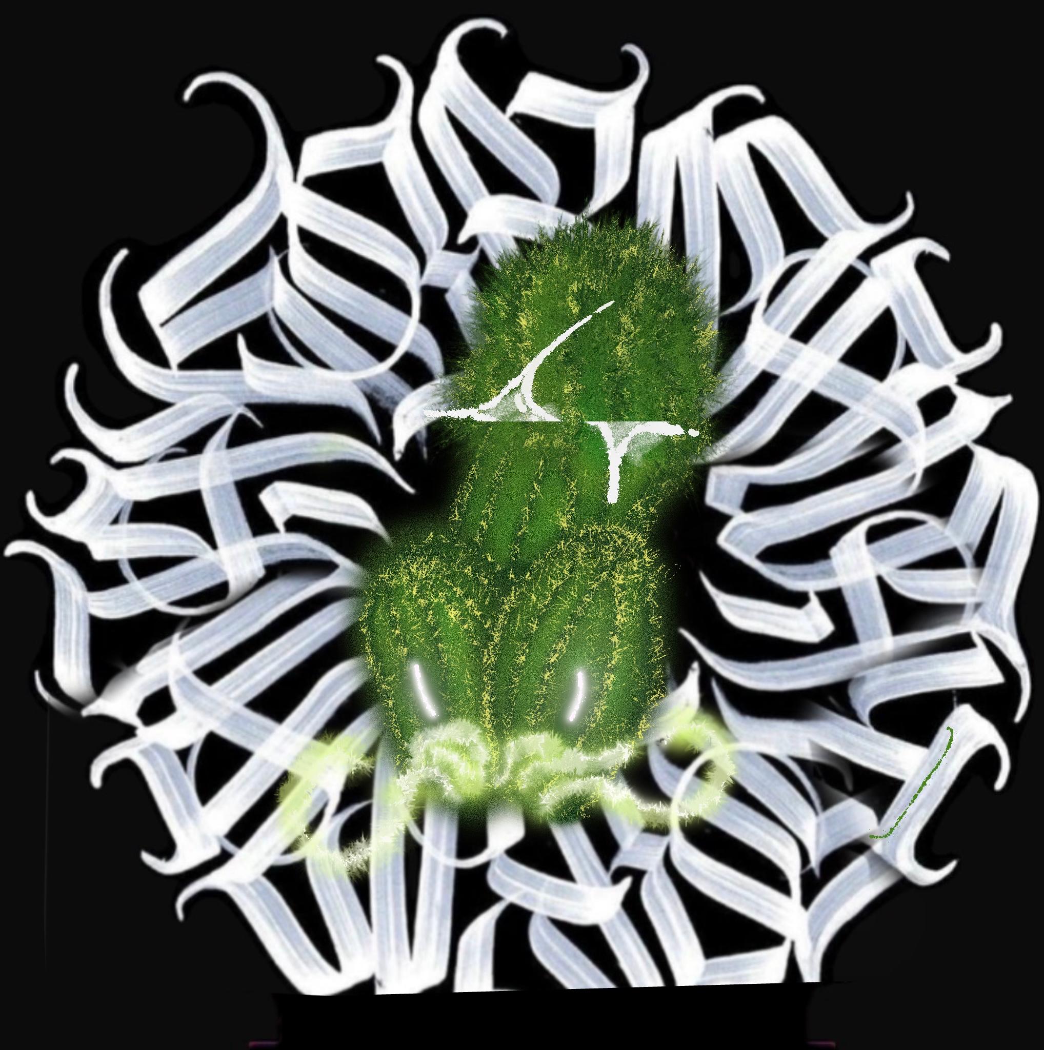 A green cactus-like figure surrounded by dense looping white marks in a subtly altered companion image.