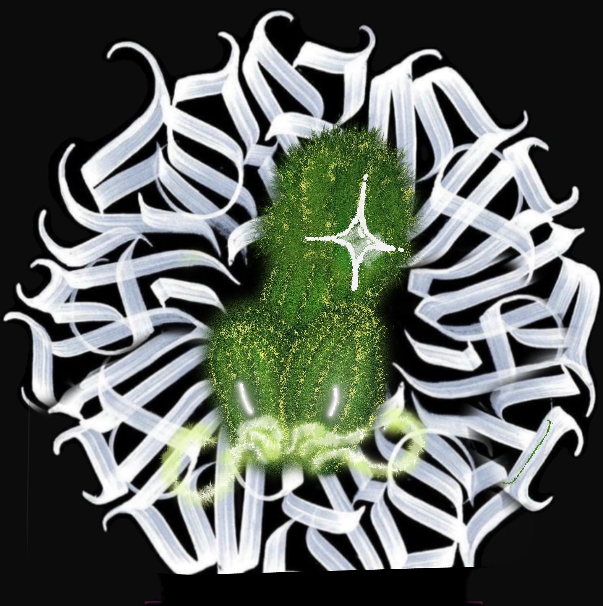 A green cactus-like figure surrounded by dense looping white marks, with a small star-like form near its centre.