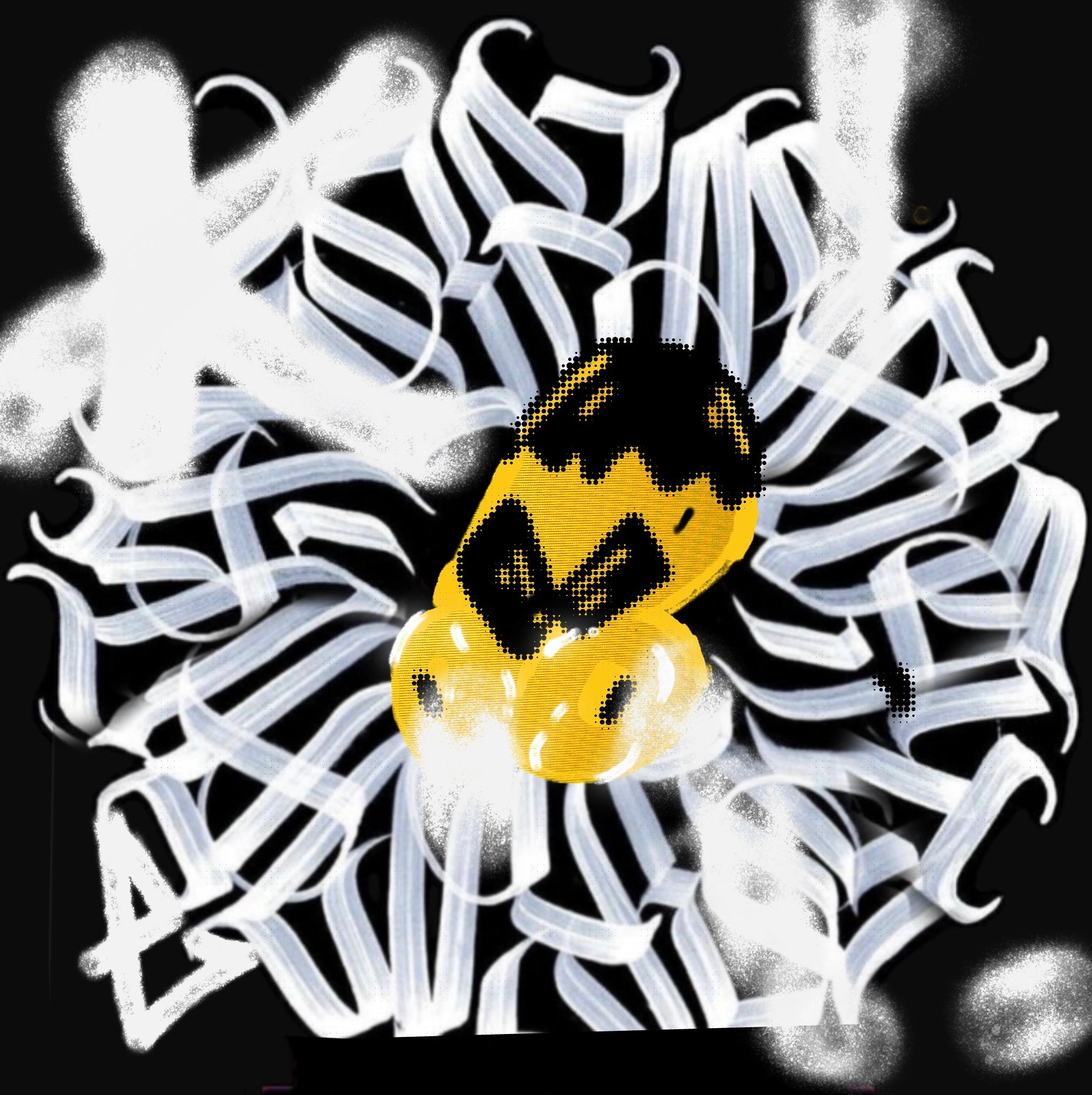 A large-headed, cartoon-like yellow figure embedded in looping white marks, appearing more disrupted and intensified than before.