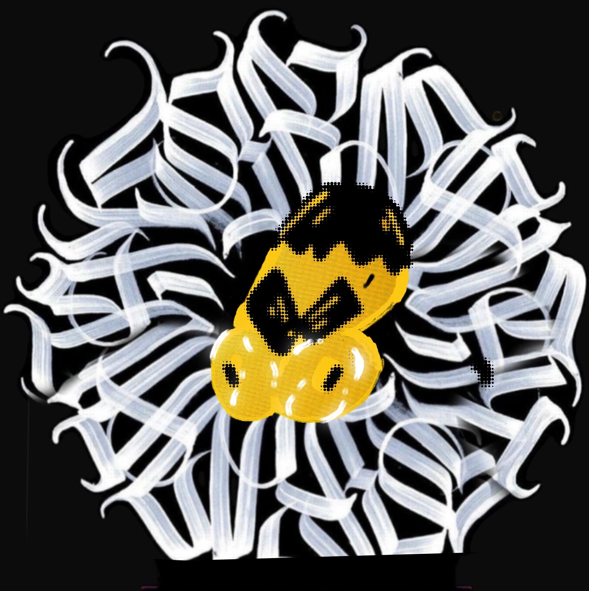 A large-headed, cartoon-like yellow figure embedded in a field of looping white marks, presented in a more restrained state.