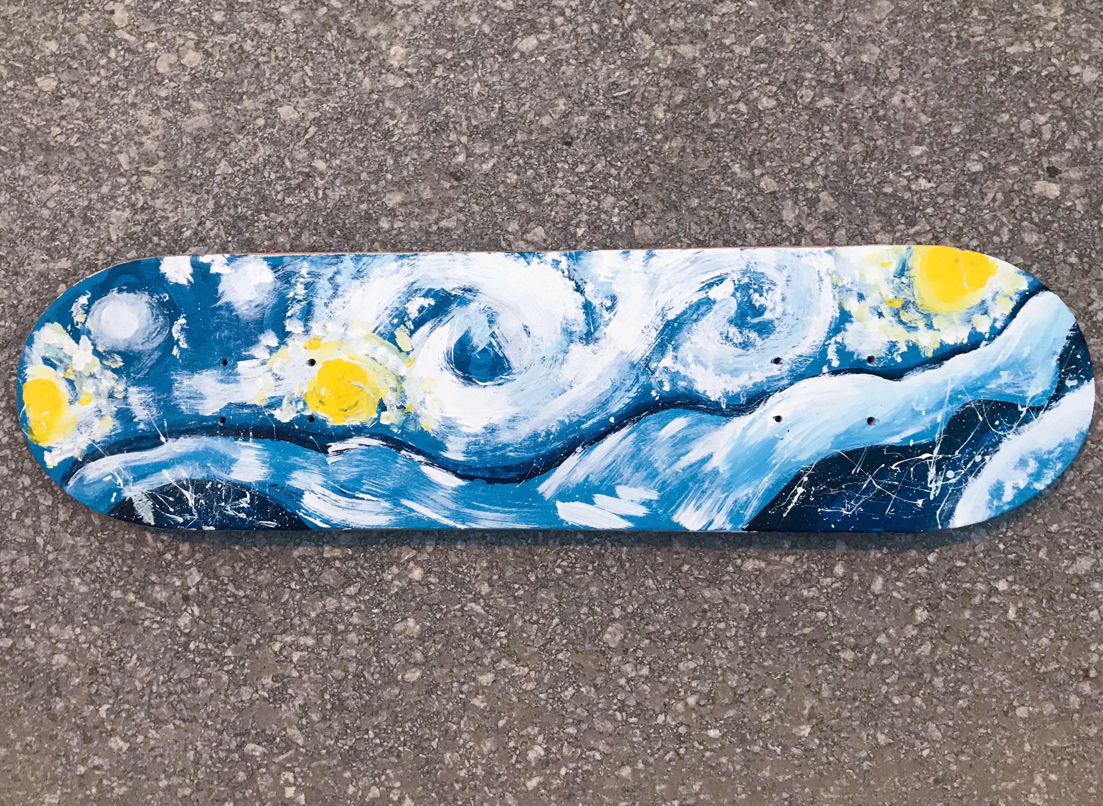 A skateboard deck painted with a personal reinterpretation of a swirling night-sky image.