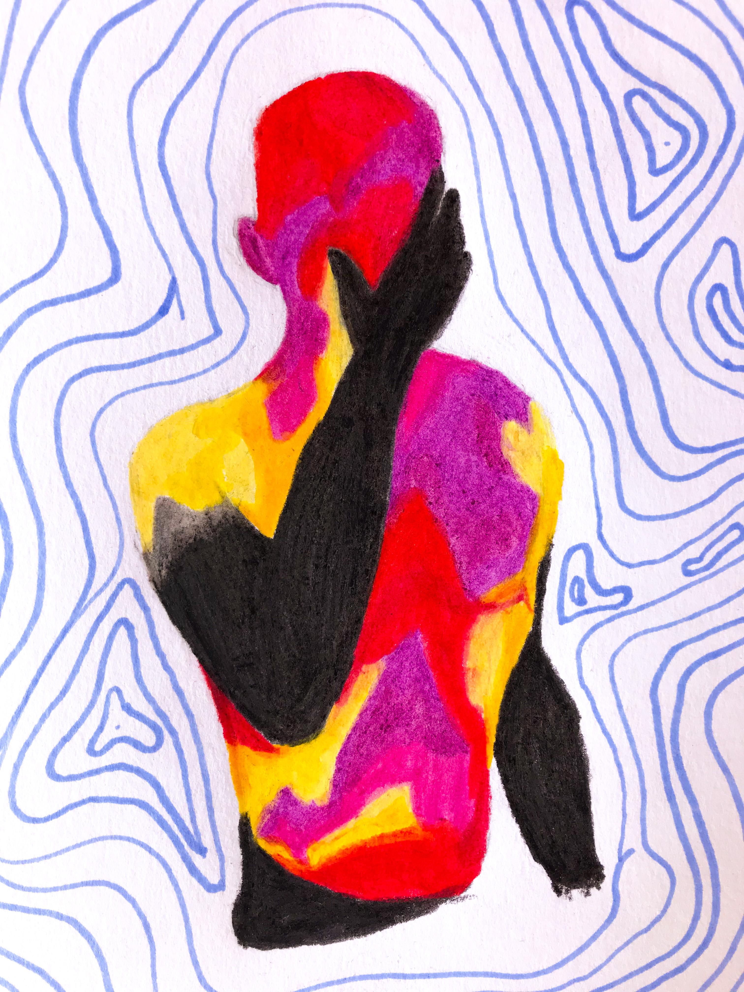 A brightly coloured human silhouette with a blackened head and arm, set against a field of flowing blue lines.