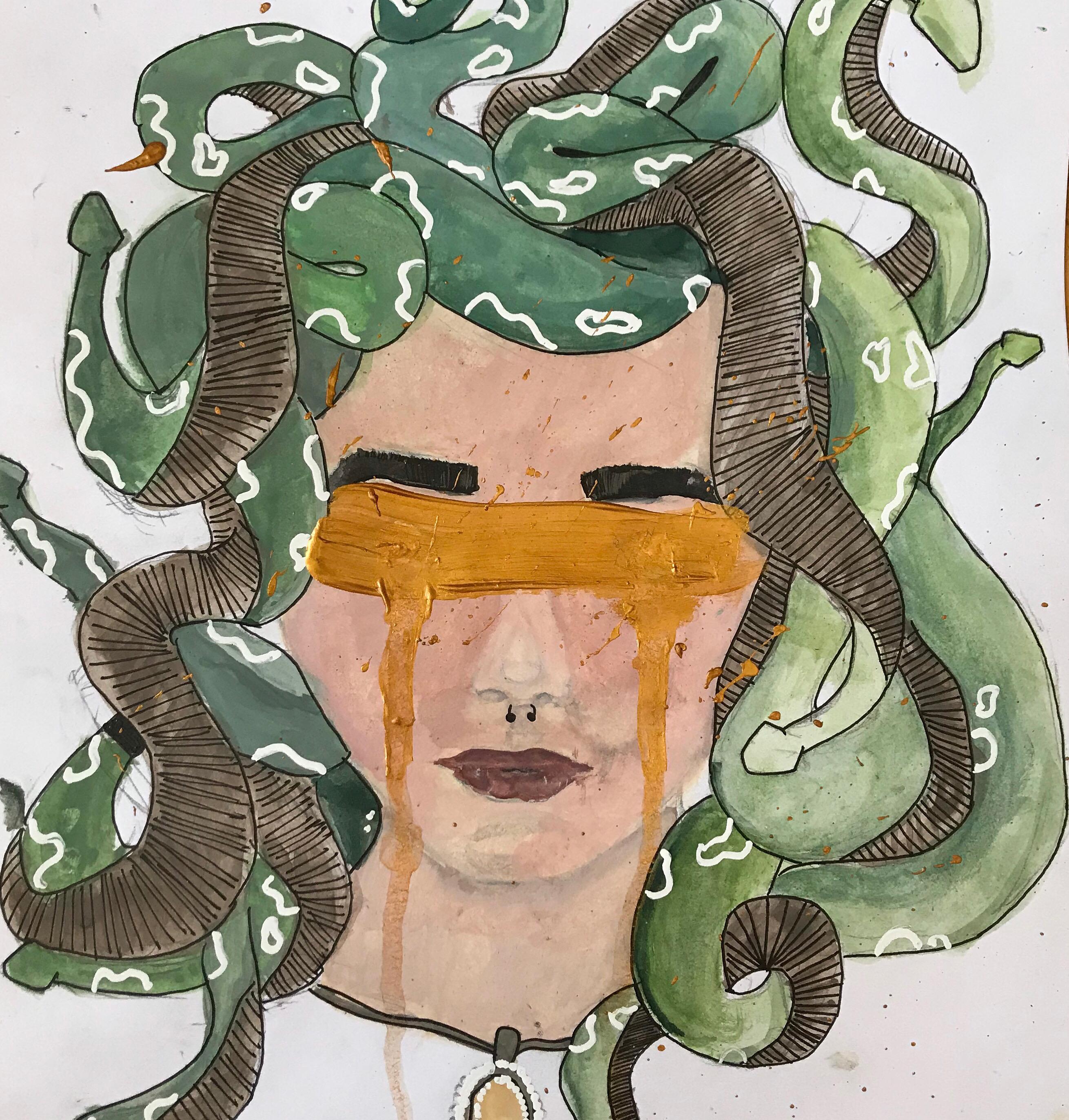 A Medusa-like portrait in which the eyes are covered with a gold band, balancing mythic presence with restraint.