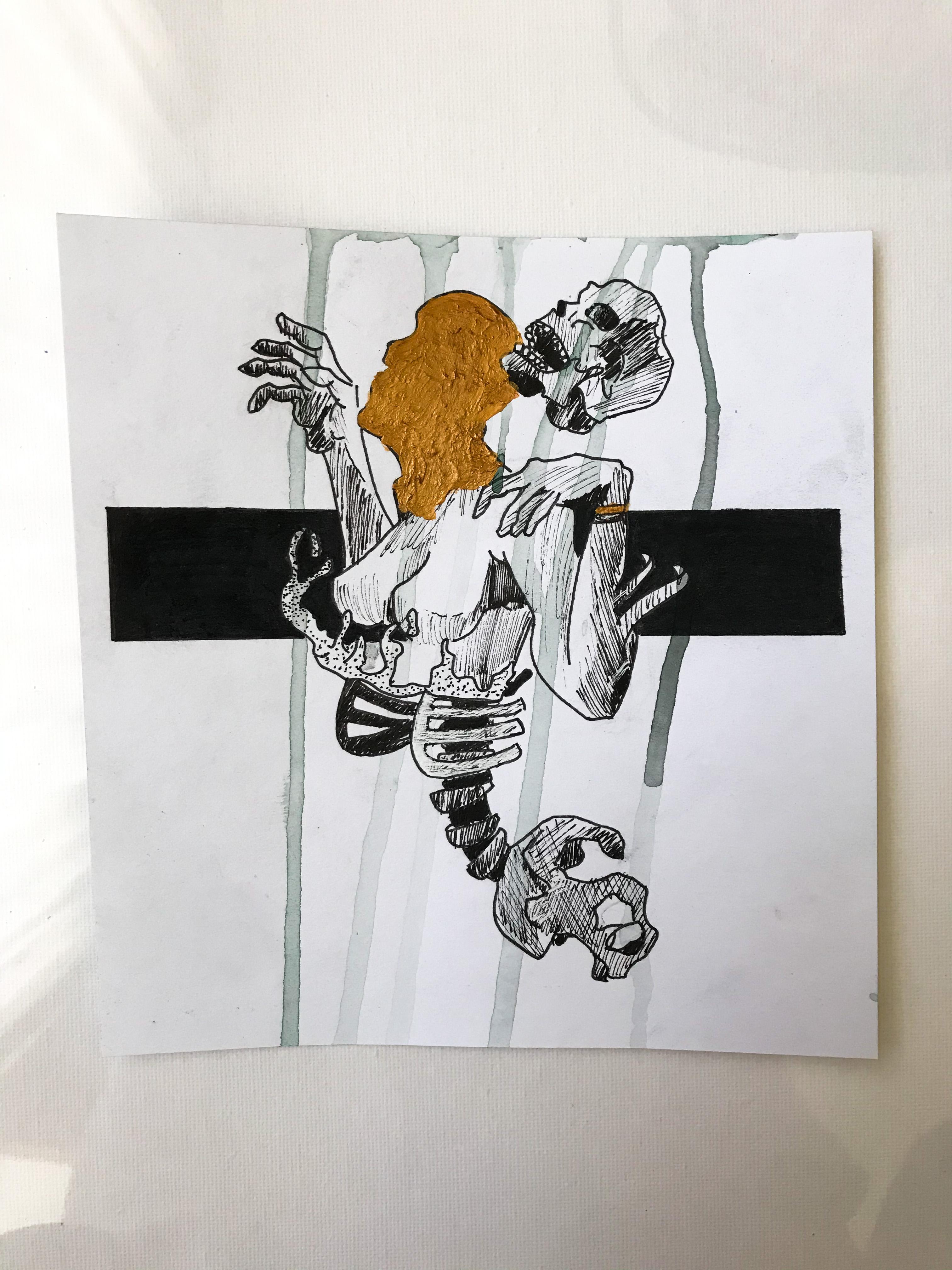 A distressed figure with a damaged or disappearing head, tears, and a dark horizontal interruption suggesting pressure or censorship.