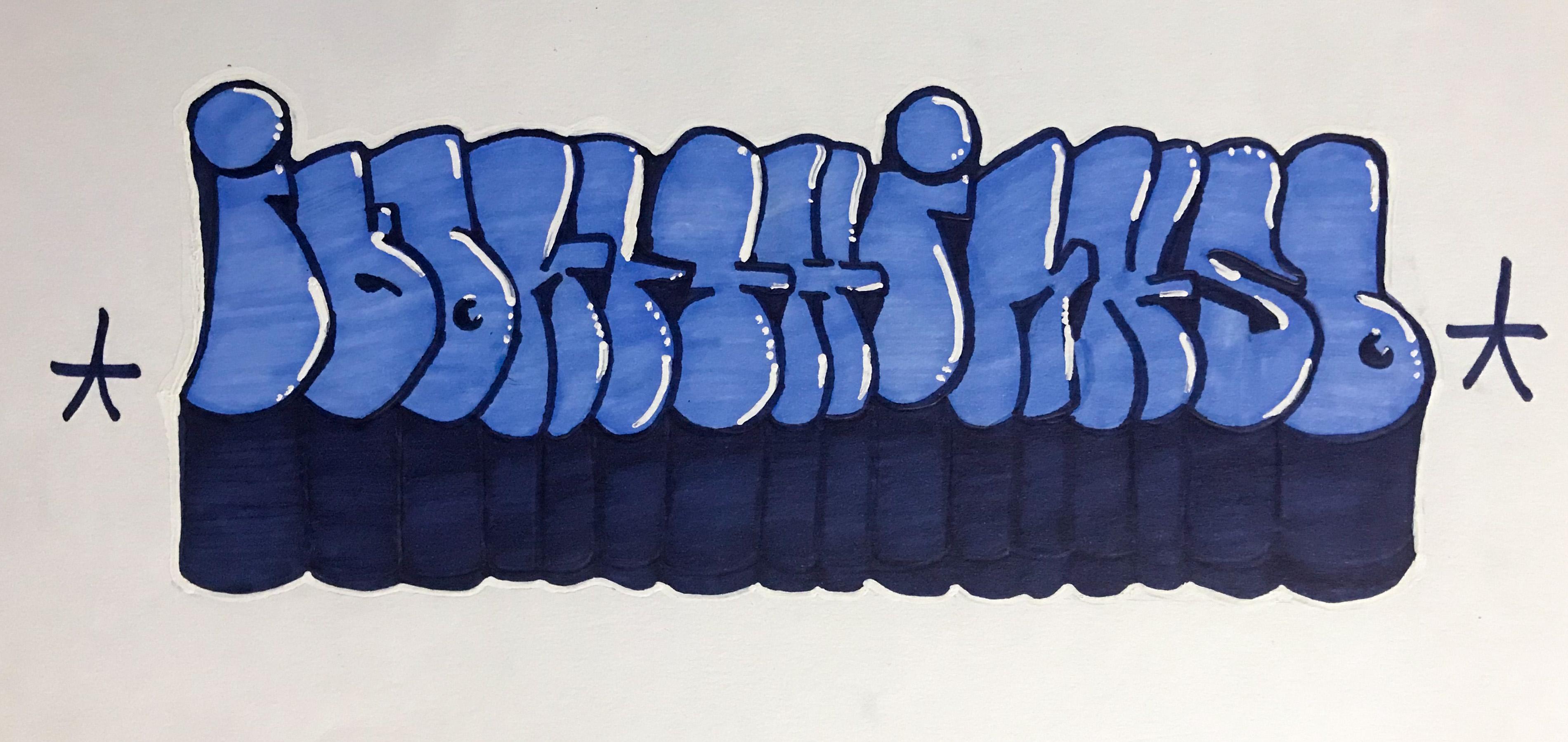A horizontal graffiti piece in rounded bubble lettering, outlined in black with pale blue fill above a dark navy block shadow, flanked by small star marks on plain paper.