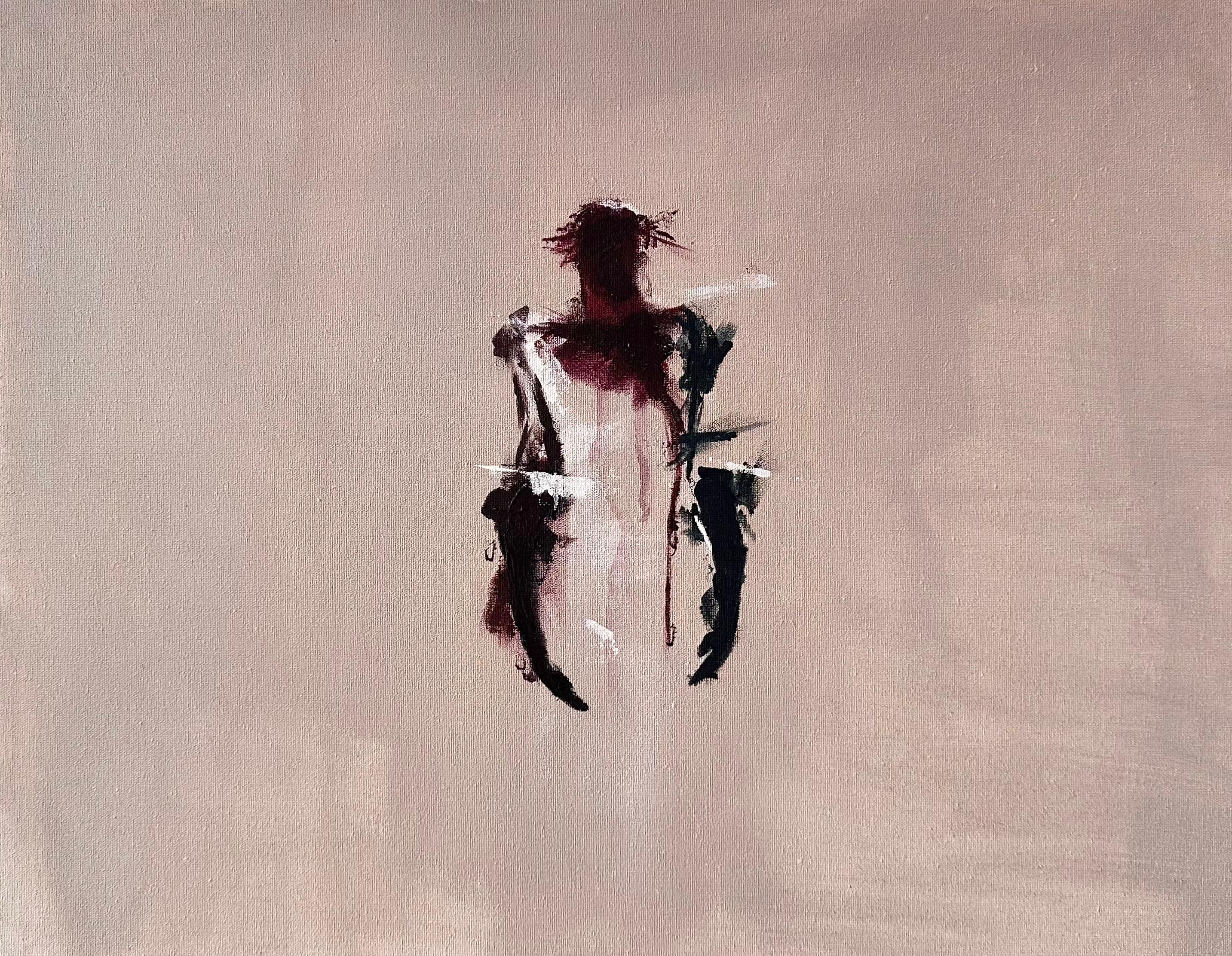 A figurative image suggesting a body or presence under fragmentation, with identity dispersed across a reduced and unstable form.