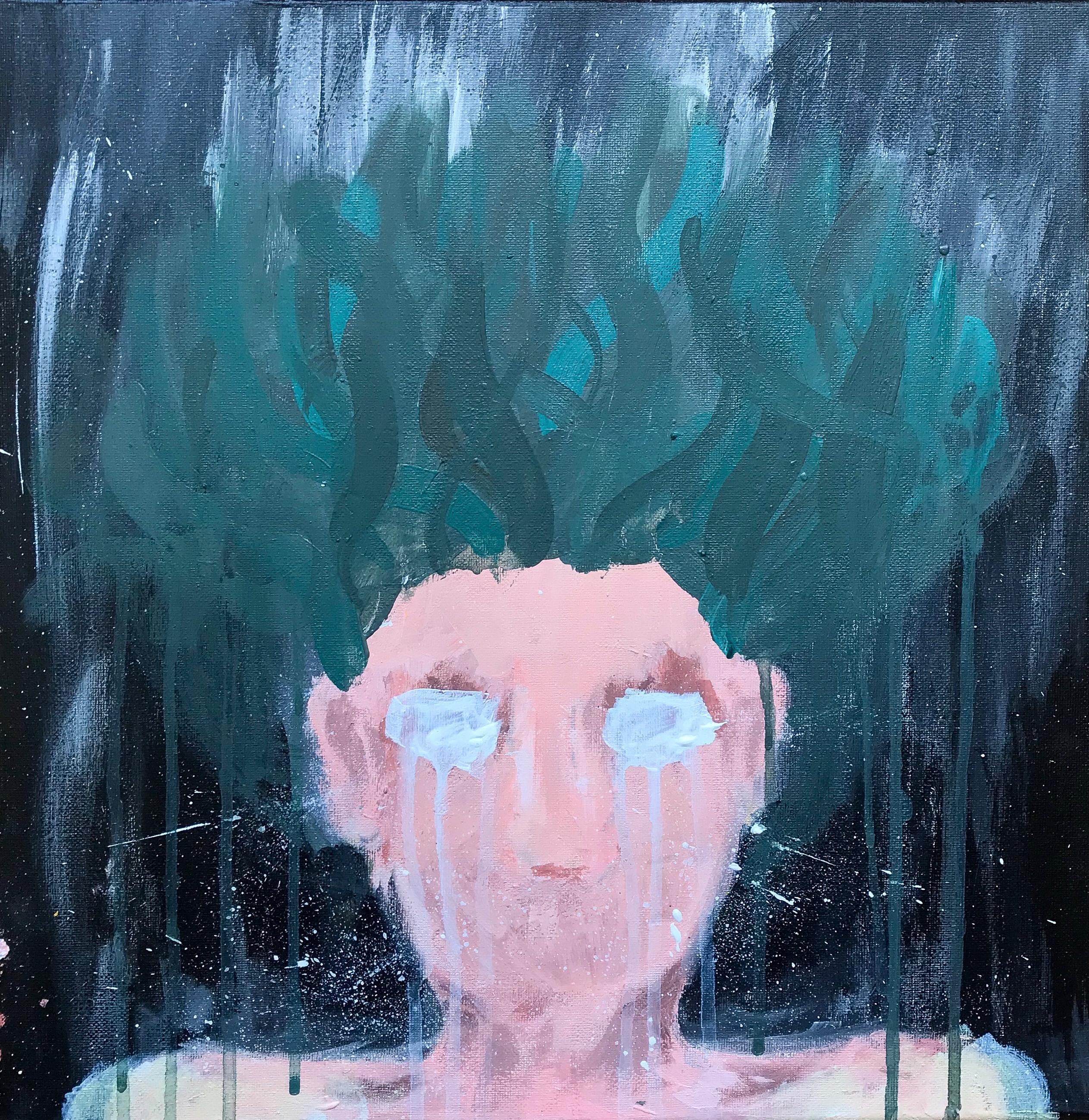 A frontal Medusa portrait with a pale face, teal-blue hair and features that dissolve downward like dripping paint.