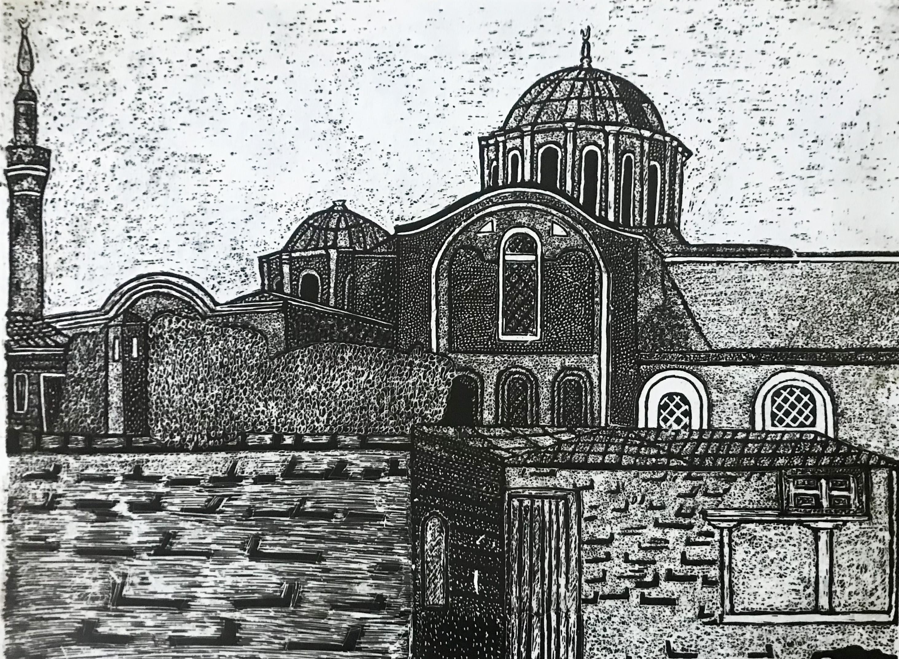 A domed building with a minaret and tall arched windows rises above stone walls and a tiled gateway, drawn in dense white scratch marks revealed through a black surface.