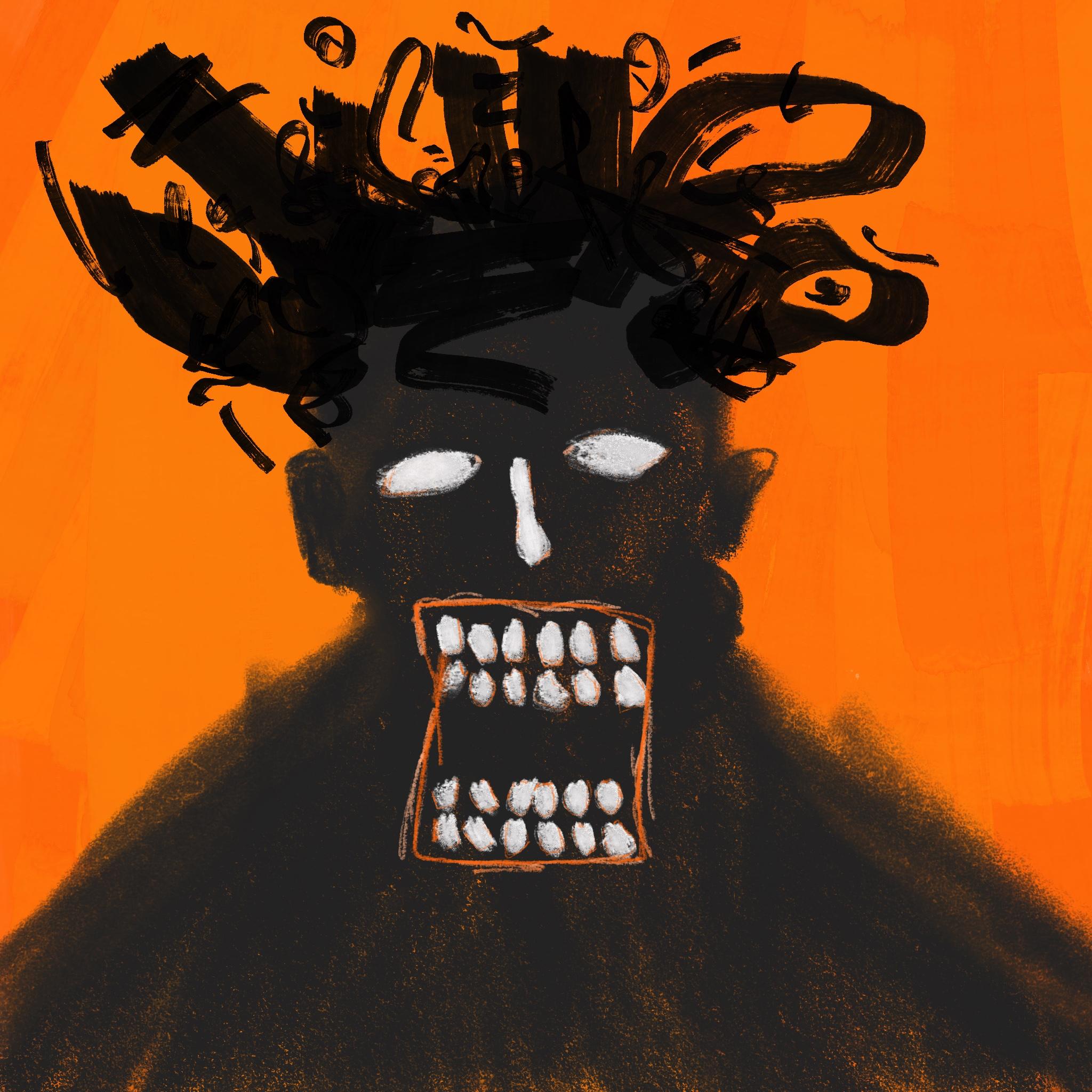 A dark portrait-like figure with a wild tangle of hair, exaggerated features and a distorted, tooth-filled mouth.