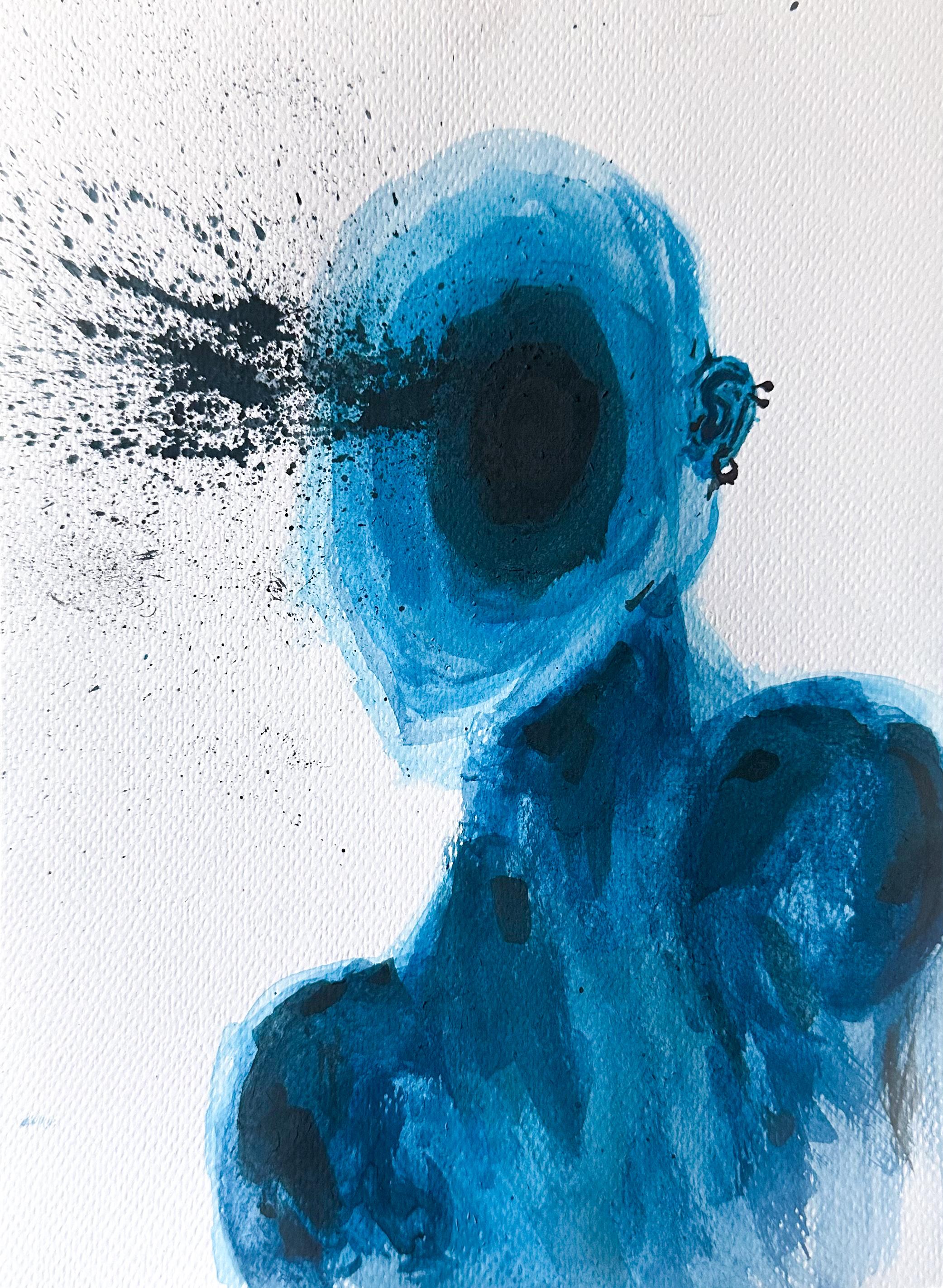 A blue figure whose inner contents or thoughts burst outward from the head in a forceful, explosive motion.
