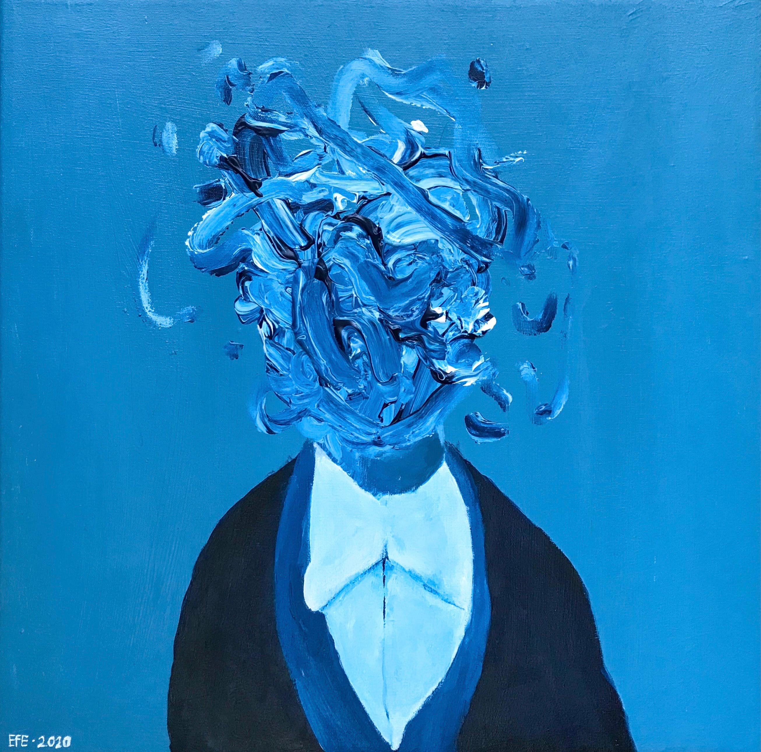 A sharply dressed blue-toned figure with a composed exterior and a turbulent, paint-like head.